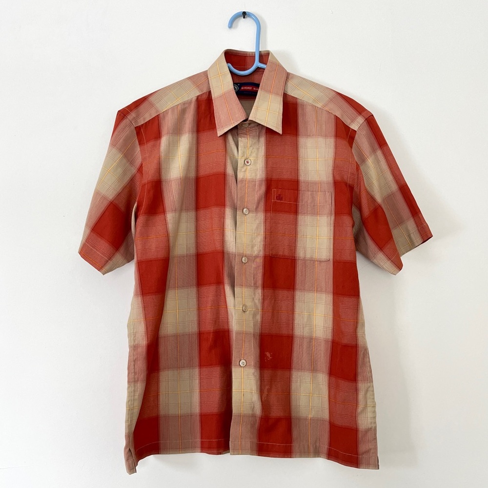 Vintage DH Short Shirt | Plaid Short Sleeve Button Down | Orange/Tan | Size 40cm
